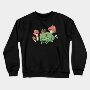 A Cute Cottagecore Aesthetic with a Frog Wearing a Snail Hat and Mushroom Crewneck Sweatshirt